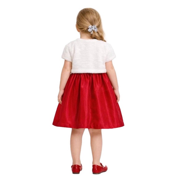 Red Velvet Party Dress White Faux Fur Shrug & Bow - Picture 3 of 14